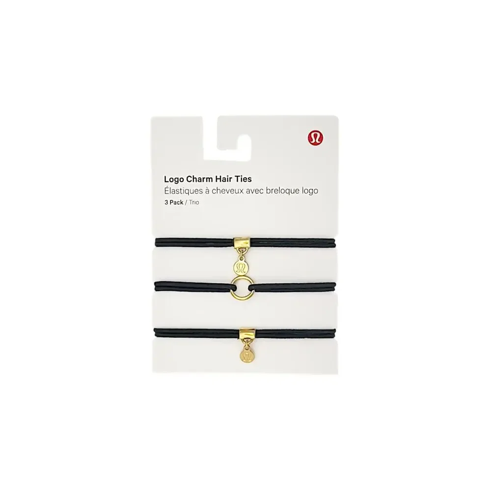 LULULEMON Logo Charm Hair Ties 3 Pack in Black & Gold